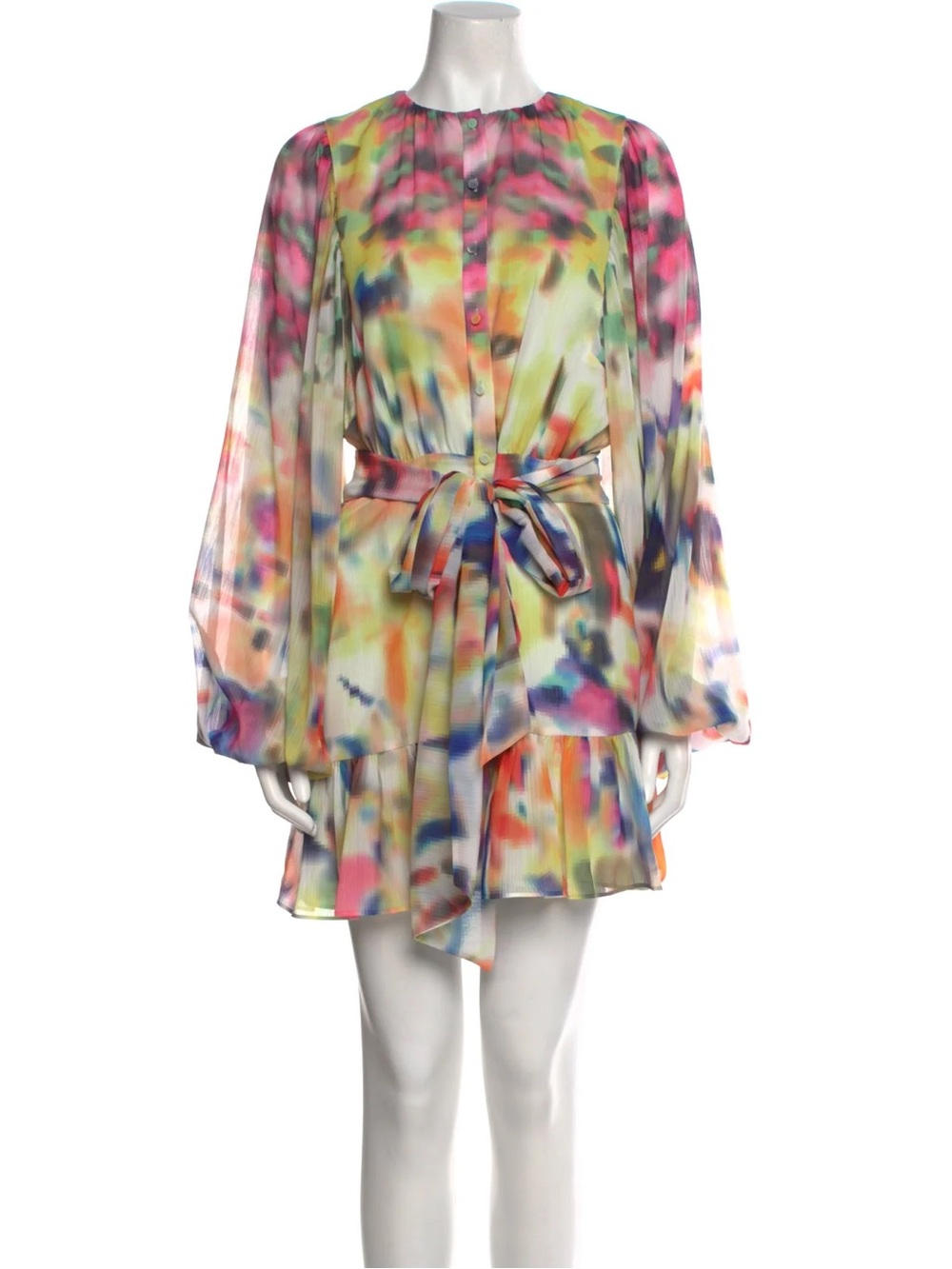 Alexis Leonie Belted Abstract-Print Mini Dress Ruffle Hem Colorful Flowy Blouson